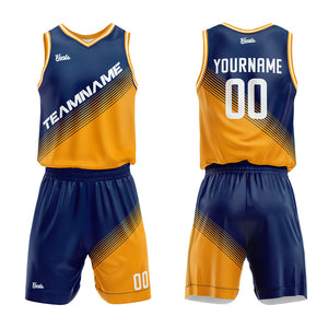 Uniforme de baloncesto personalizado azul marino y amarillo con tu logotipo-nombre y número impresos