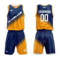 Uniforme de baloncesto personalizado azul marino y amarillo con tu logotipo-nombre y número impresos