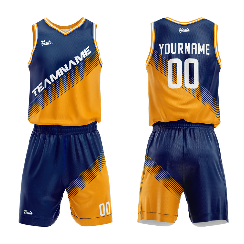 Uniforme de baloncesto personalizado azul marino y amarillo con tu logotipo-nombre y número impresos
