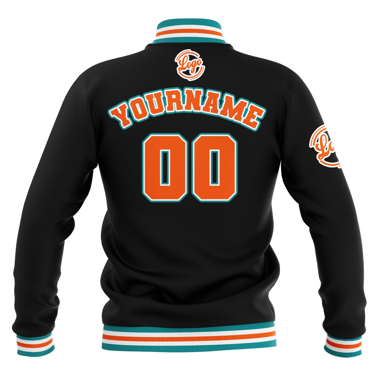Chaquetas universitarias impermeables personalizadas en negro-verde azulado y naranja con nombre-número y logotipo bordados