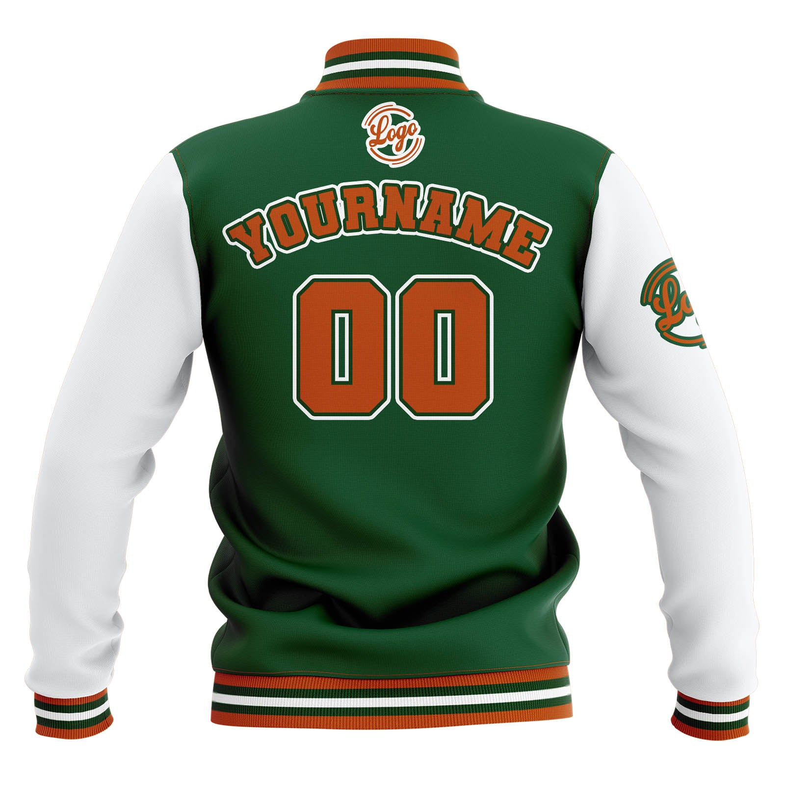 Chaquetas universitarias impermeables personalizadas en verde-blanco y naranja con nombre-número y logotipo bordados