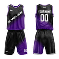 Uniforme de baloncesto personalizado en negro y morado con tu logotipo-nombre y número impresos
