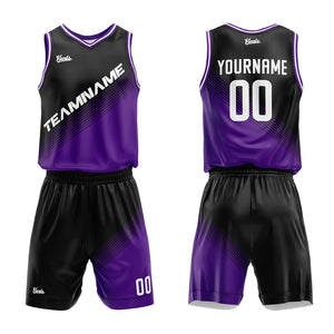 Uniforme de baloncesto personalizado en negro y morado con tu logotipo-nombre y número impresos
