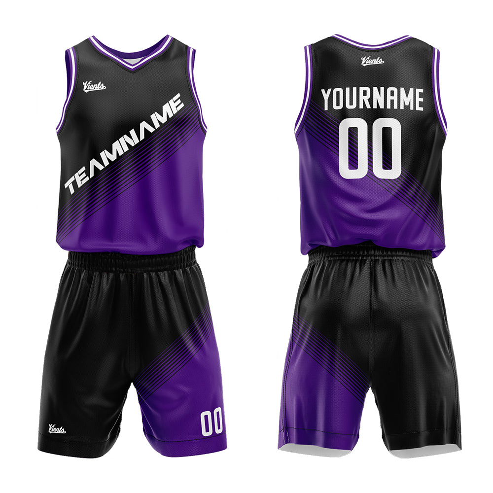 Uniforme de baloncesto personalizado en negro y morado con tu logotipo-nombre y número impresos