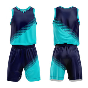 Uniforme de baloncesto personalizado azul marino-verde azulado y azul real con su logotipo-nombre y número impresos