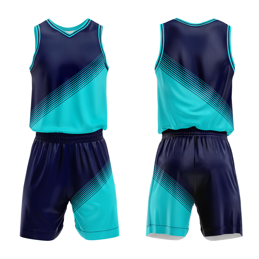 Uniforme de baloncesto personalizado azul marino-verde azulado y azul real con su logotipo-nombre y número impresos