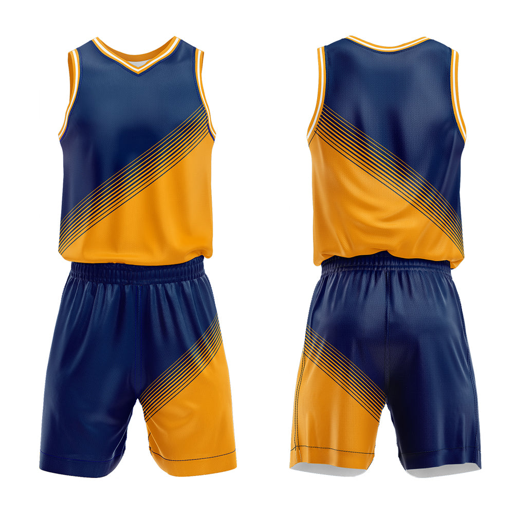 Uniforme de baloncesto personalizado azul marino y amarillo con tu logotipo-nombre y número impresos