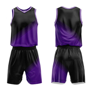 Uniforme de baloncesto personalizado en negro y morado con tu logotipo-nombre y número impresos