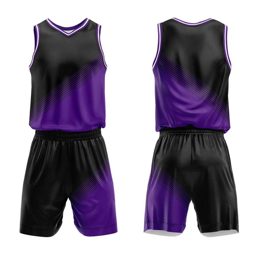 Uniforme de baloncesto personalizado en negro y morado con tu logotipo-nombre y número impresos
