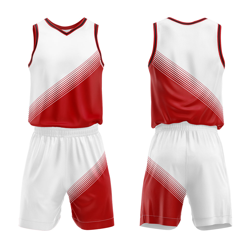 Uniforme de baloncesto personalizado blanco y rojo con tu logotipo-nombre y número impresos