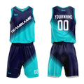 Uniforme de baloncesto personalizado azul marino-verde azulado y azul real con su logotipo-nombre y número impresos