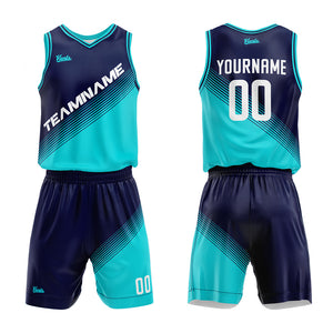 Uniforme de baloncesto personalizado azul marino-verde azulado y azul real con su logotipo-nombre y número impresos