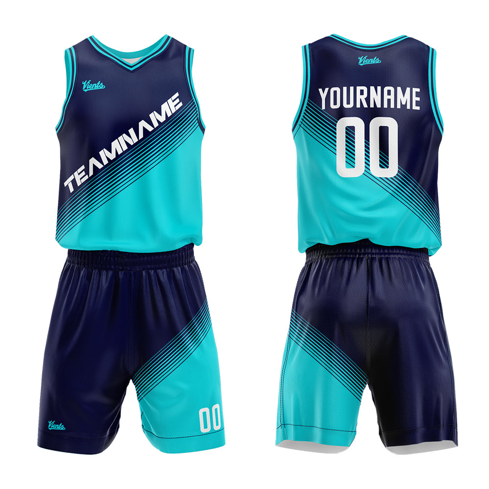 Uniforme de baloncesto personalizado azul marino-verde azulado y azul real con su logotipo-nombre y número impresos