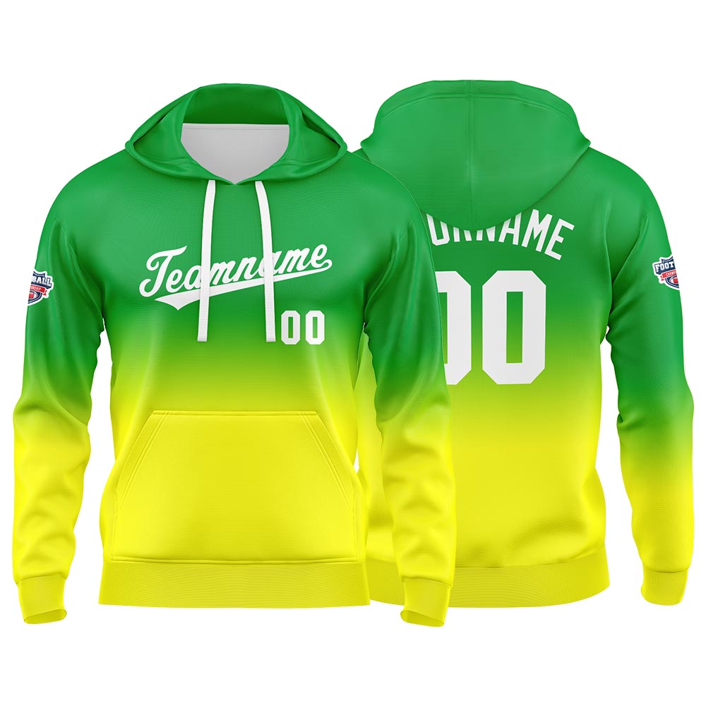 Sudadera con capucha personalizada con degradado para hombre-mujer-niña o niño Estampa tu logotipo-nombre o número en verde y amarillo