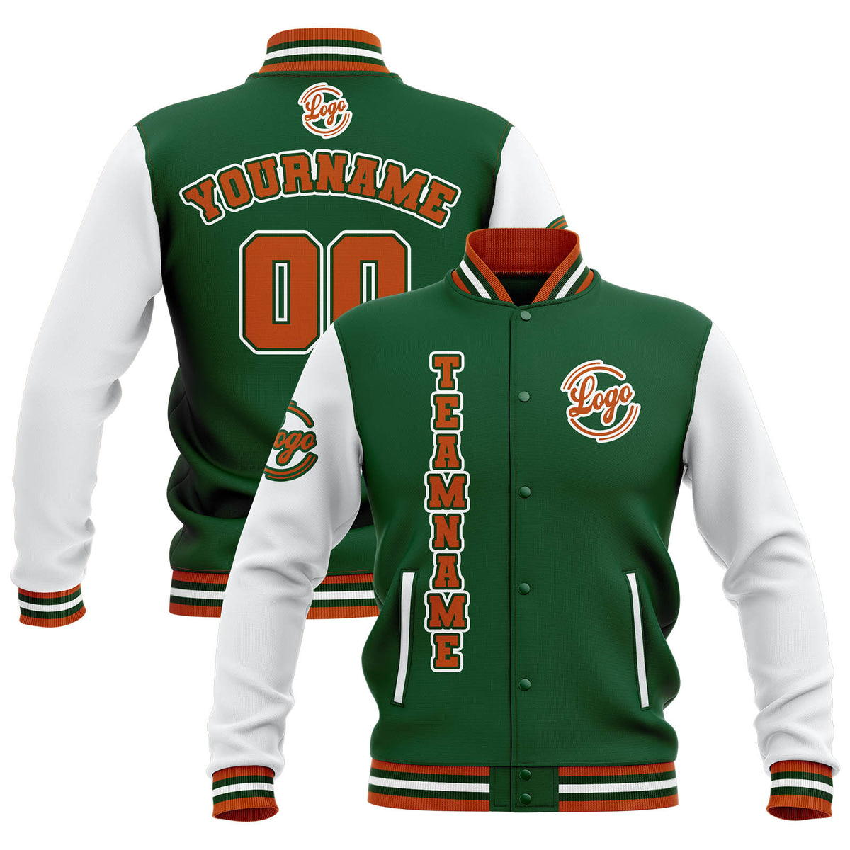 Chaquetas universitarias impermeables personalizadas en verde-blanco y naranja con nombre-número y logotipo bordados