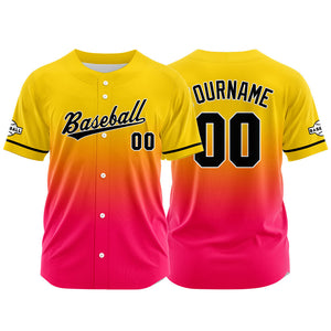 Dise?o personalizado de camiseta de béisbol con estampado completo en amarillo y rosa fucsia