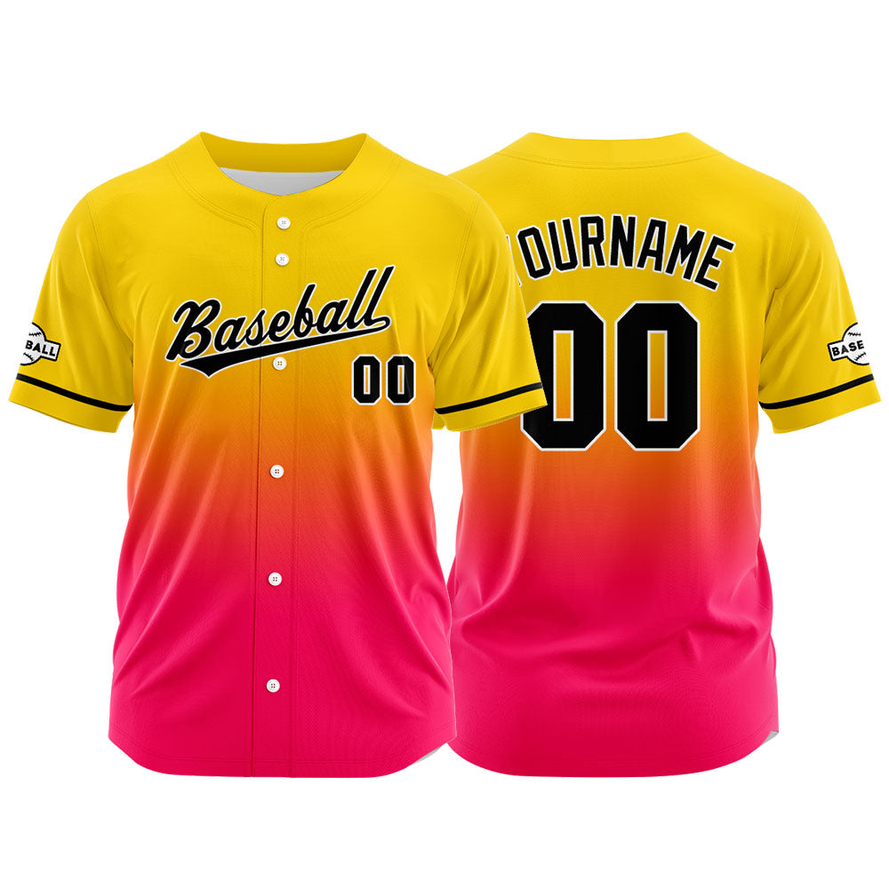 Dise?o personalizado de camiseta de béisbol con estampado completo en amarillo y rosa fucsia