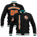 Chaquetas universitarias impermeables personalizadas en negro-verde azulado y naranja con nombre-número y logotipo bordados