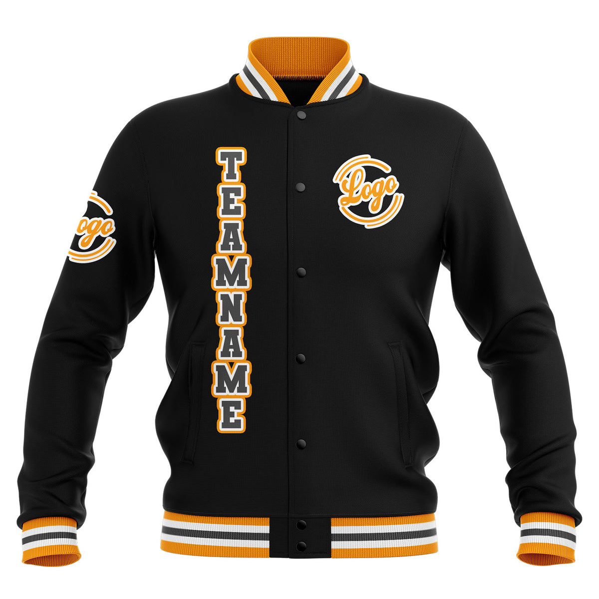 Chaquetas universitarias impermeables personalizadas en negro-amarillo y gris con nombre-número y logotipo bordados