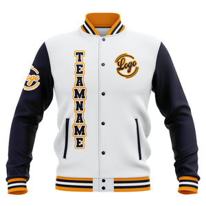 Chaquetas universitarias impermeables personalizadas en blanco-azul marino y amarillo con nombre-número y logotipo bordados