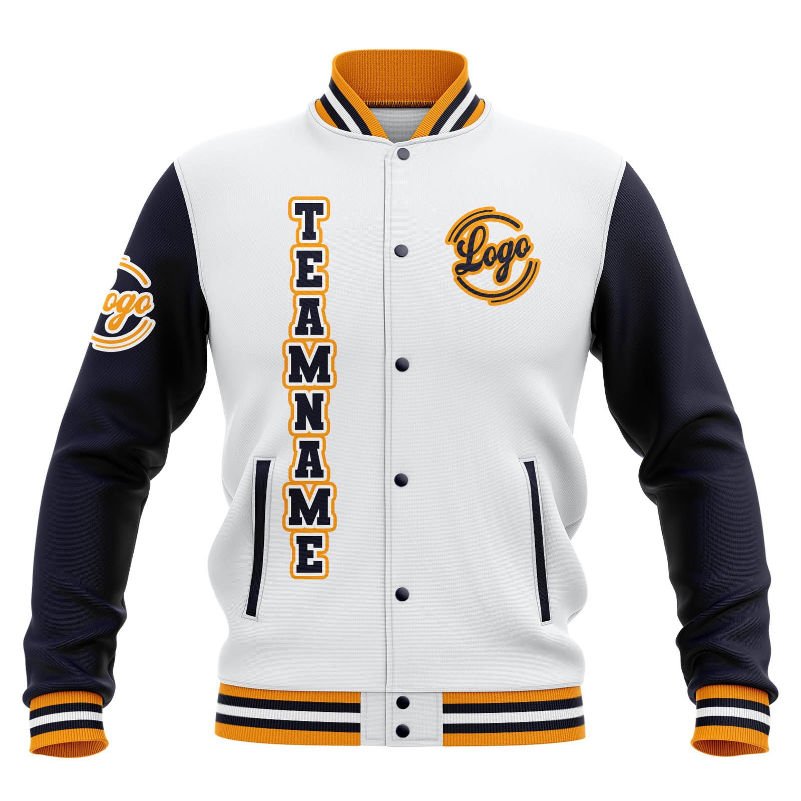 Chaquetas universitarias impermeables personalizadas en blanco-azul marino y amarillo con nombre-número y logotipo bordados