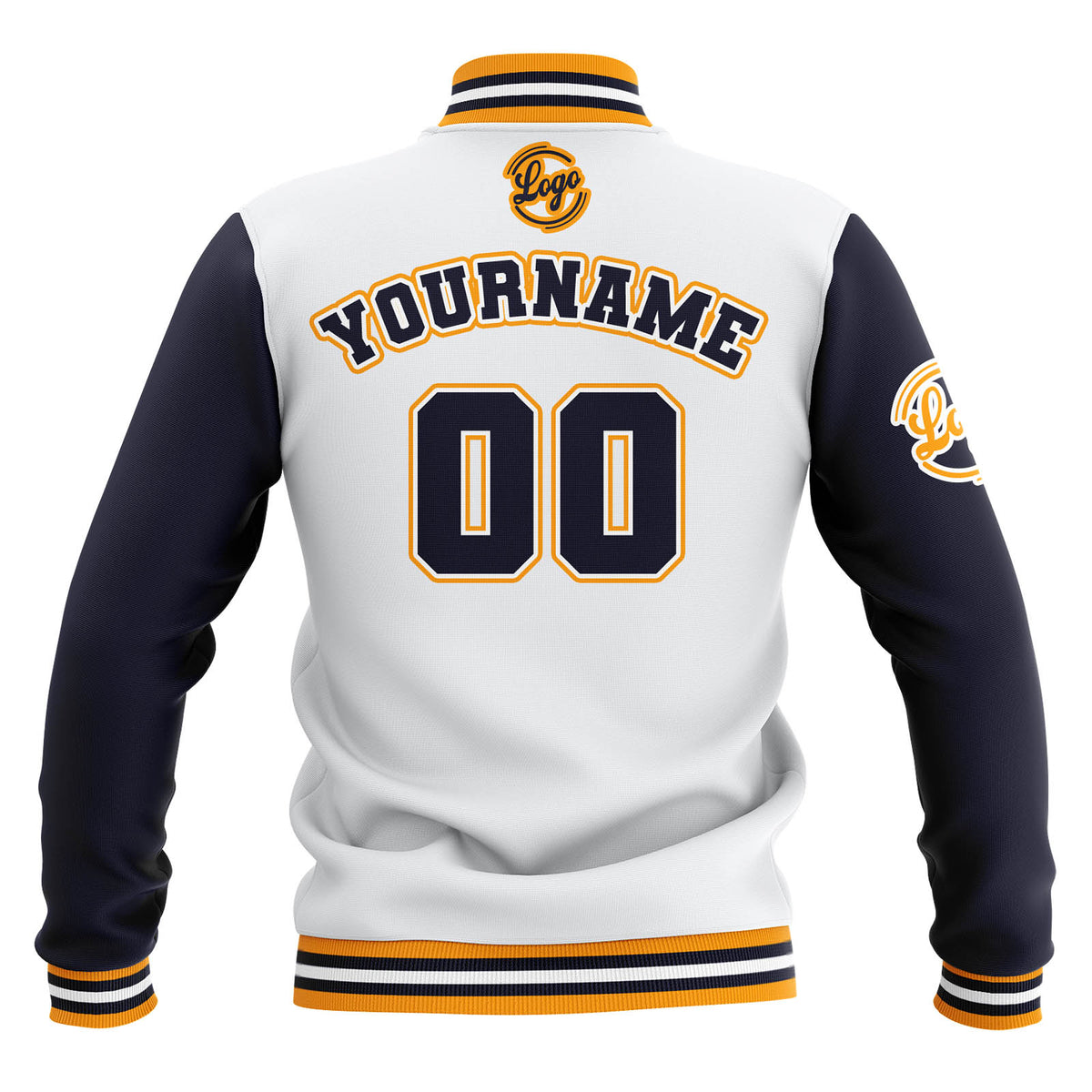 Chaquetas universitarias impermeables personalizadas en blanco-azul marino y amarillo con nombre-número y logotipo bordados