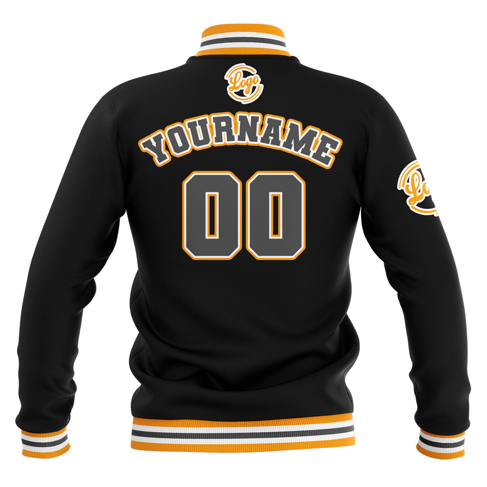 Chaquetas universitarias impermeables personalizadas en negro-amarillo y gris con nombre-número y logotipo bordados
