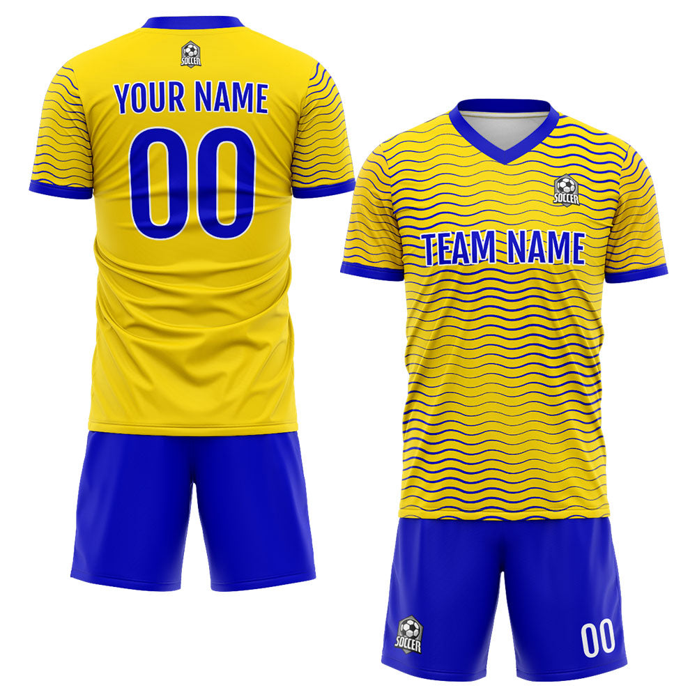 Uniforme de fútbol personalizado para niños y adultos & conjunto personalizado & camiseta amarilla y azul marino