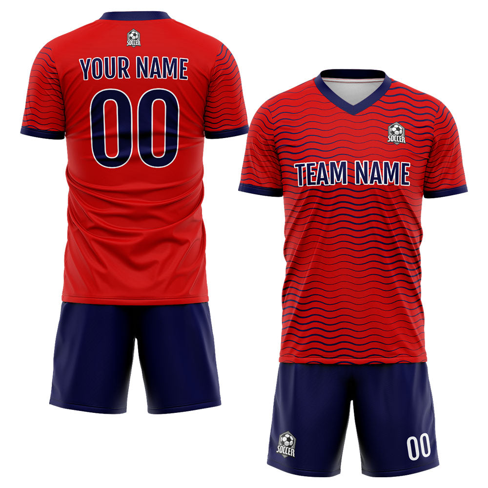Uniforme de fútbol personalizado para niños y adultos & conjunto personalizado & camiseta roja y azul marino con diseño de olas