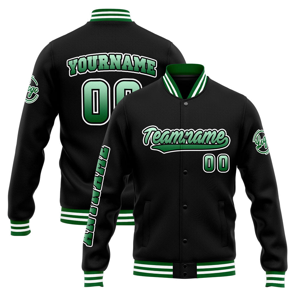 Chaqueta universitaria personalizada estilo Letterman para hombres-mujeres y jóvenes en verde-negro y blanco