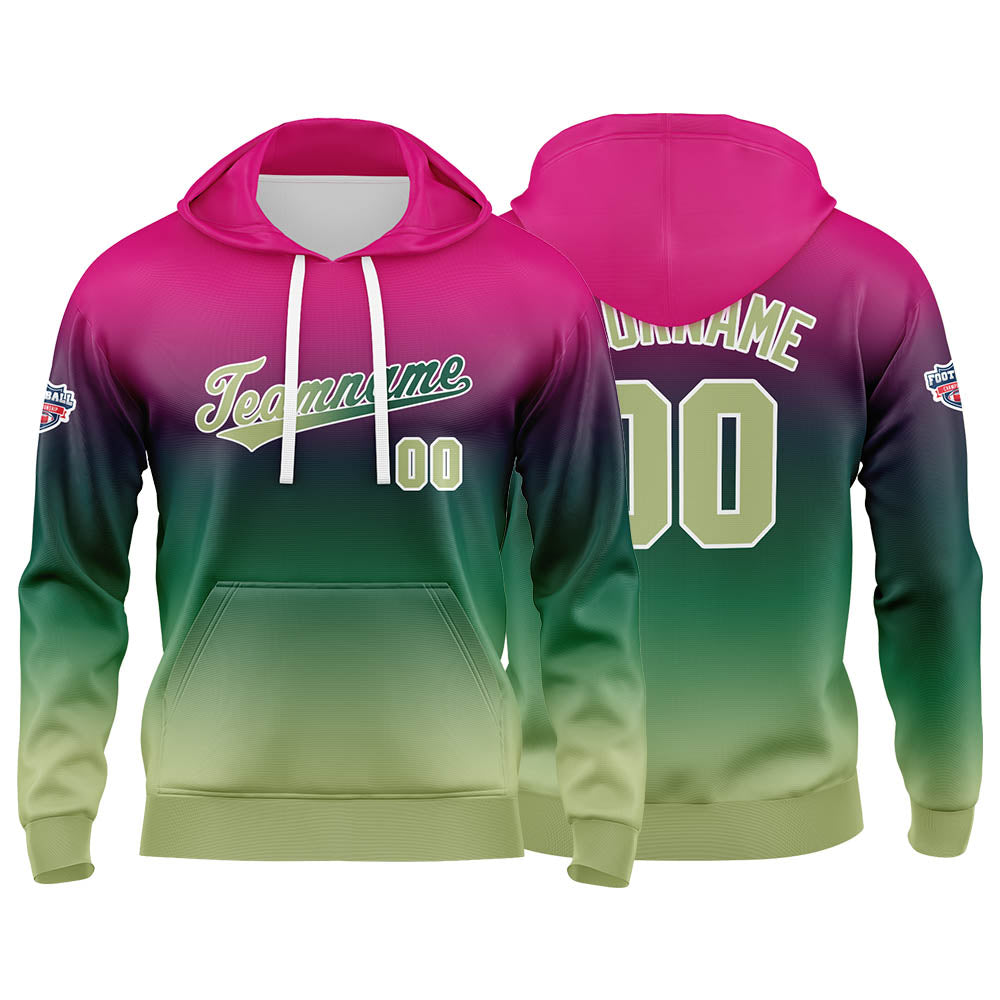 Sudadera con capucha personalizada con degradado para hombre-mujer-niña o niño Estampa tu logotipo-nombre o número en color morado y verde