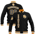 Chaquetas universitarias impermeables personalizadas en negro-amarillo y gris con nombre-número y logotipo bordados