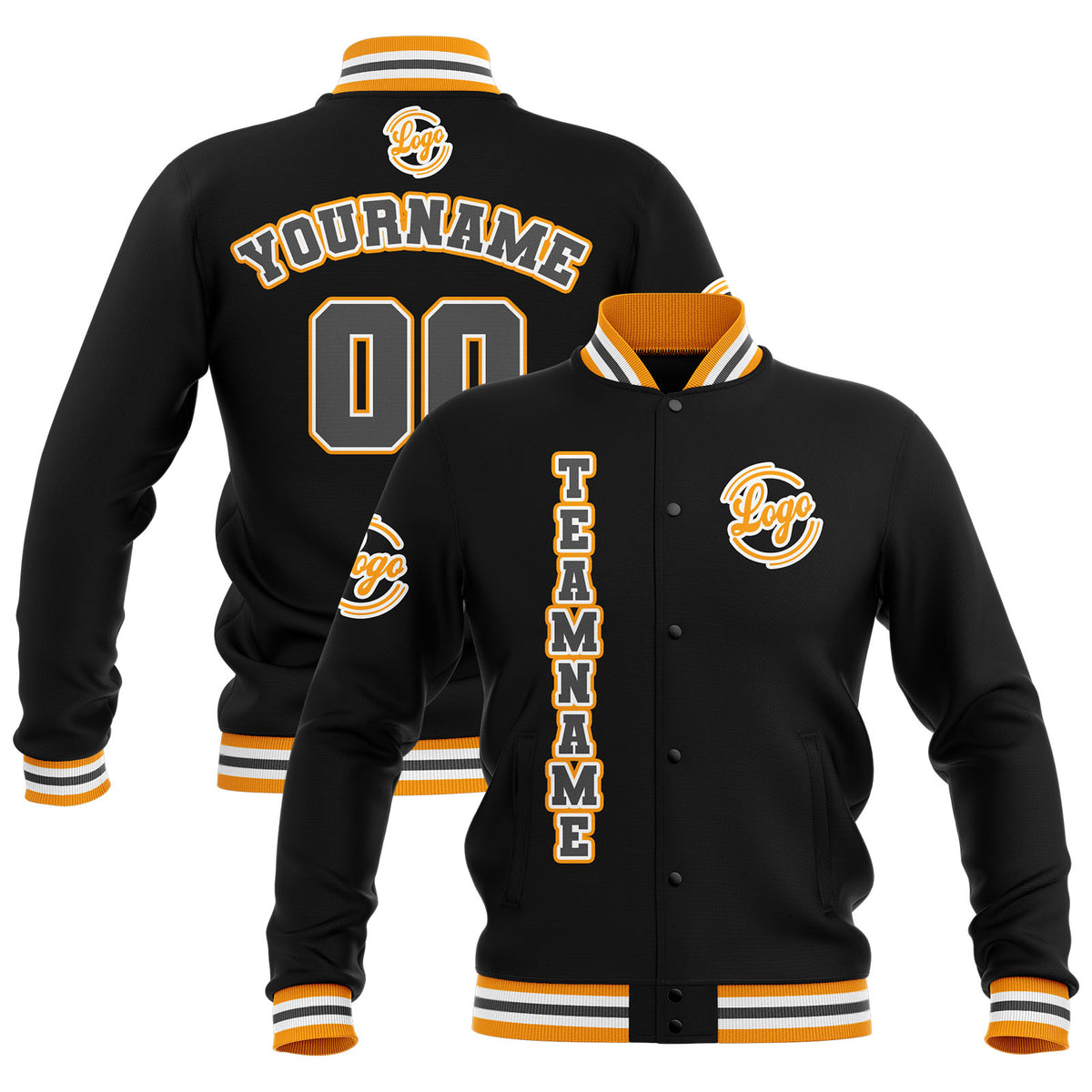 Chaquetas universitarias impermeables personalizadas en negro-amarillo y gris con nombre-número y logotipo bordados