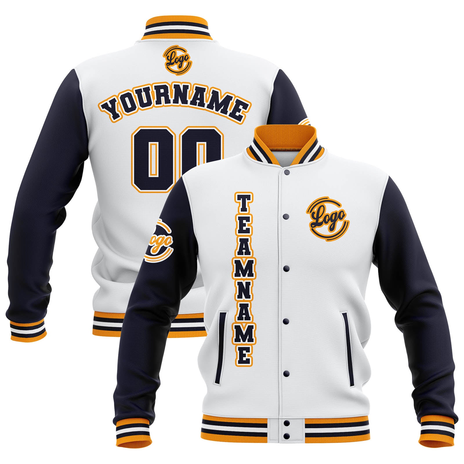 Chaquetas universitarias impermeables personalizadas en blanco-azul marino y amarillo con nombre-número y logotipo bordados