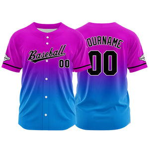 Dise?o personalizado de camiseta de béisbol con estampado completo en rosa morado y azul