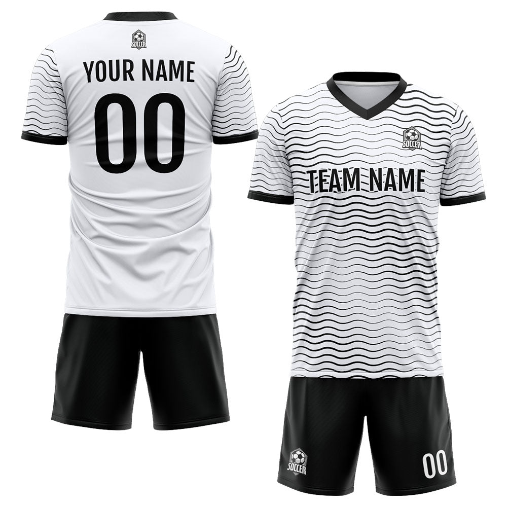 Uniforme de fútbol personalizado para niños y adultos & conjunto personalizado & camiseta blanca y negra con estampado de ondas