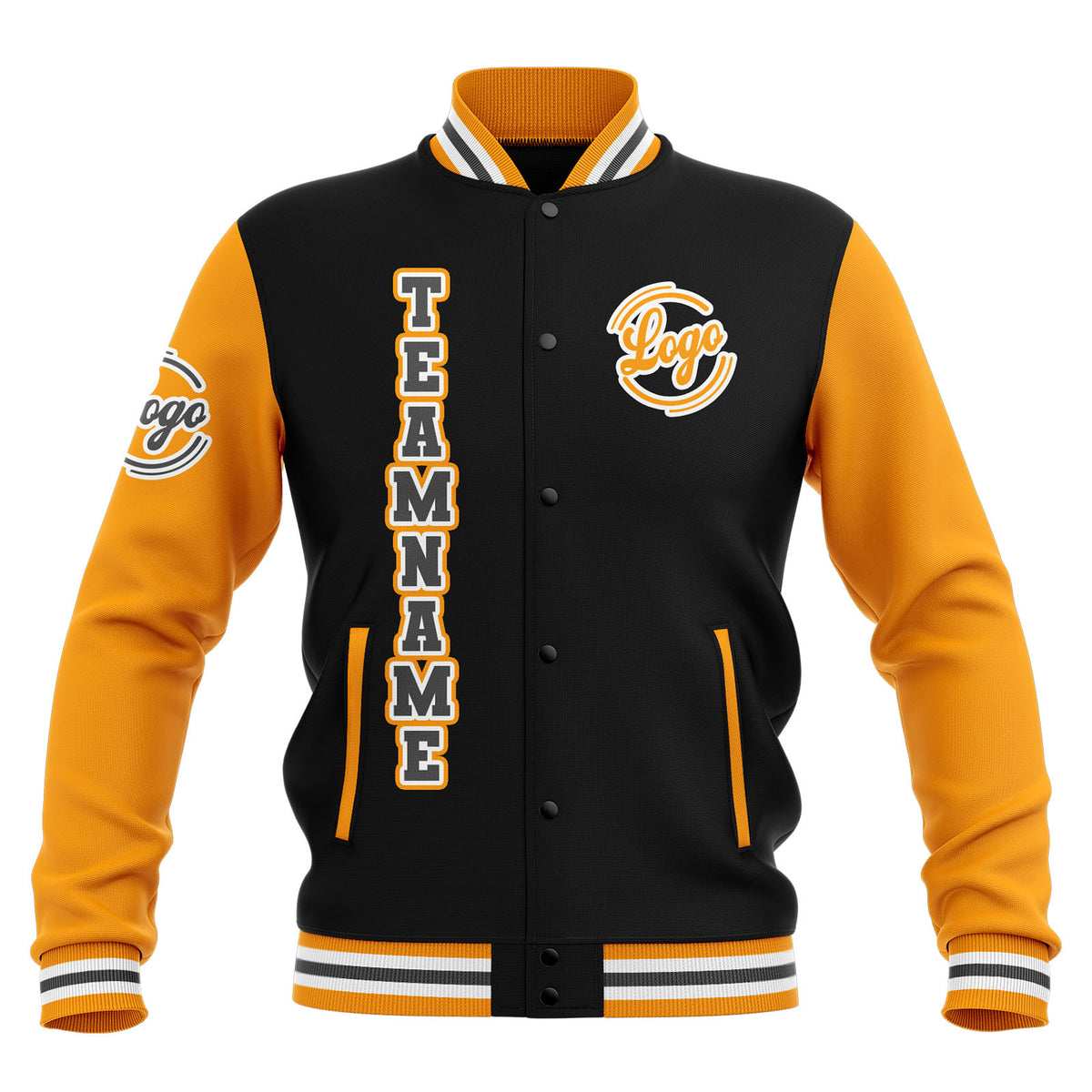 Chaquetas universitarias impermeables personalizadas en negro-amarillo y gris con nombre-número y logotipo bordados