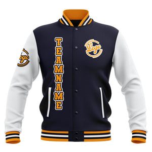 Chaquetas universitarias impermeables personalizadas en azul marino-blanco y amarillo con nombre-número y logotipo bordados