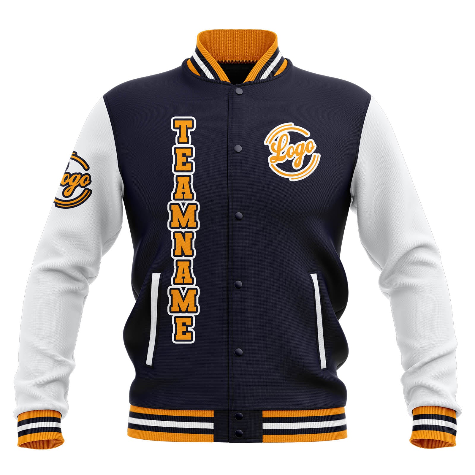 Chaquetas universitarias impermeables personalizadas en azul marino-blanco y amarillo con nombre-número y logotipo bordados