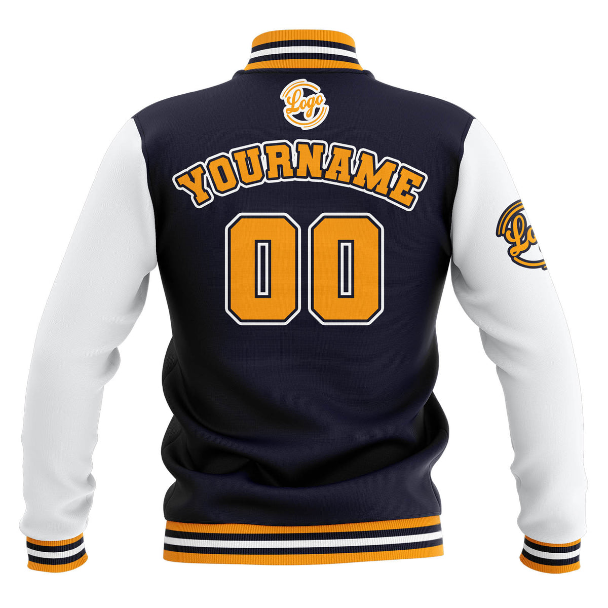 Chaquetas universitarias impermeables personalizadas en azul marino-blanco y amarillo con nombre-número y logotipo bordados
