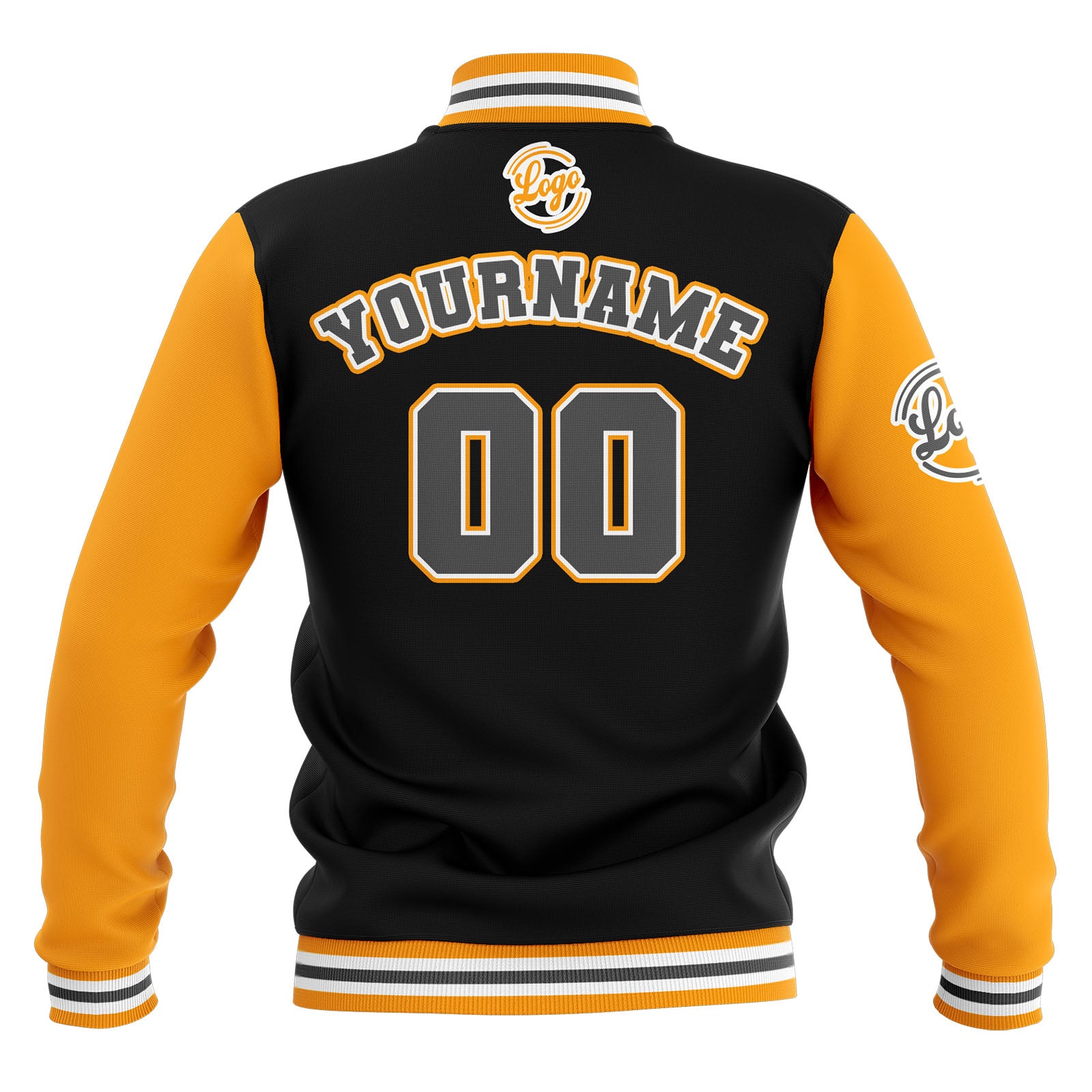 Chaquetas universitarias impermeables personalizadas en negro-amarillo y gris con nombre-número y logotipo bordados
