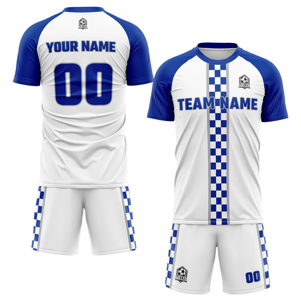 custom soccer set jersey kids adults personalized soccer white-blue