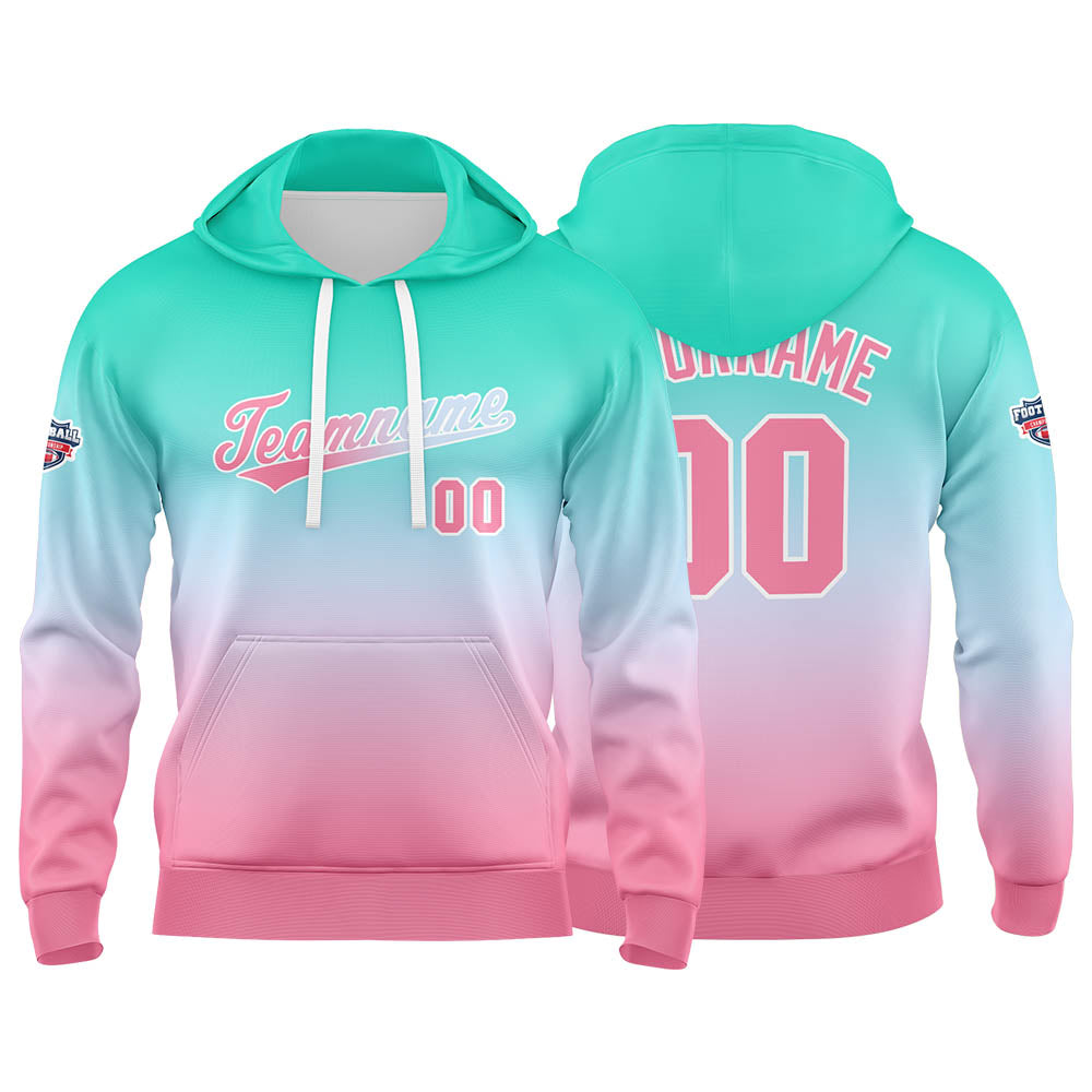 Sudadera con capucha personalizada con degradado para hombre-mujer-niña o niño Estampa tu logotipo-nombre o número en verde y rosa pálido
