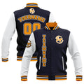 Chaquetas universitarias impermeables personalizadas en azul marino-blanco y amarillo con nombre-número y logotipo bordados