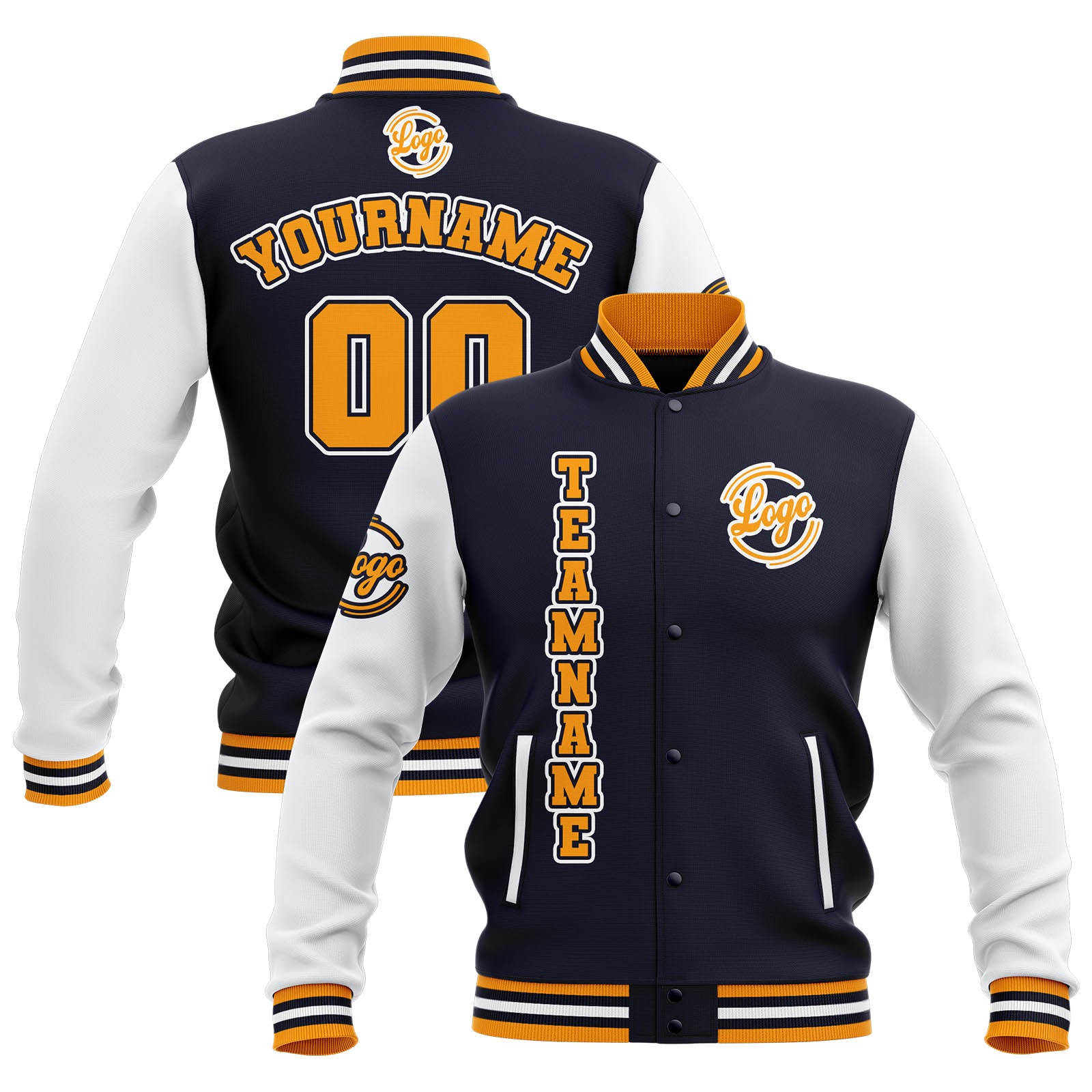 Chaquetas universitarias impermeables personalizadas en azul marino-blanco y amarillo con nombre-número y logotipo bordados