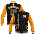Chaquetas universitarias impermeables personalizadas en negro-amarillo y gris con nombre-número y logotipo bordados