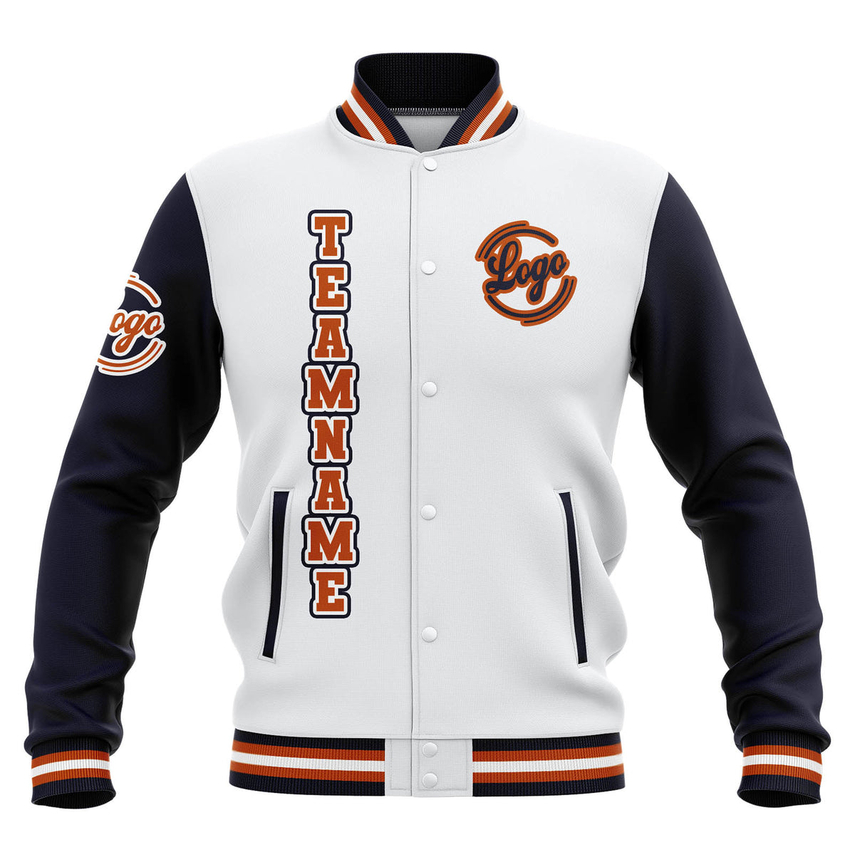 Chaquetas universitarias impermeables personalizadas en blanco-azul marino y naranja con nombre-número y logotipo bordados