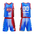 Uniforme de baloncesto personalizado azul arcoíris y rojo con tu logotipo-nombre y número impresos
