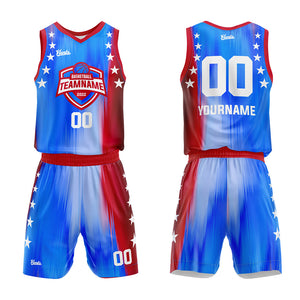 Uniforme de baloncesto personalizado azul arcoíris y rojo con tu logotipo-nombre y número impresos