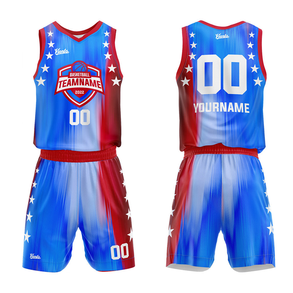 Uniforme de baloncesto personalizado azul arcoíris y rojo con tu logotipo-nombre y número impresos